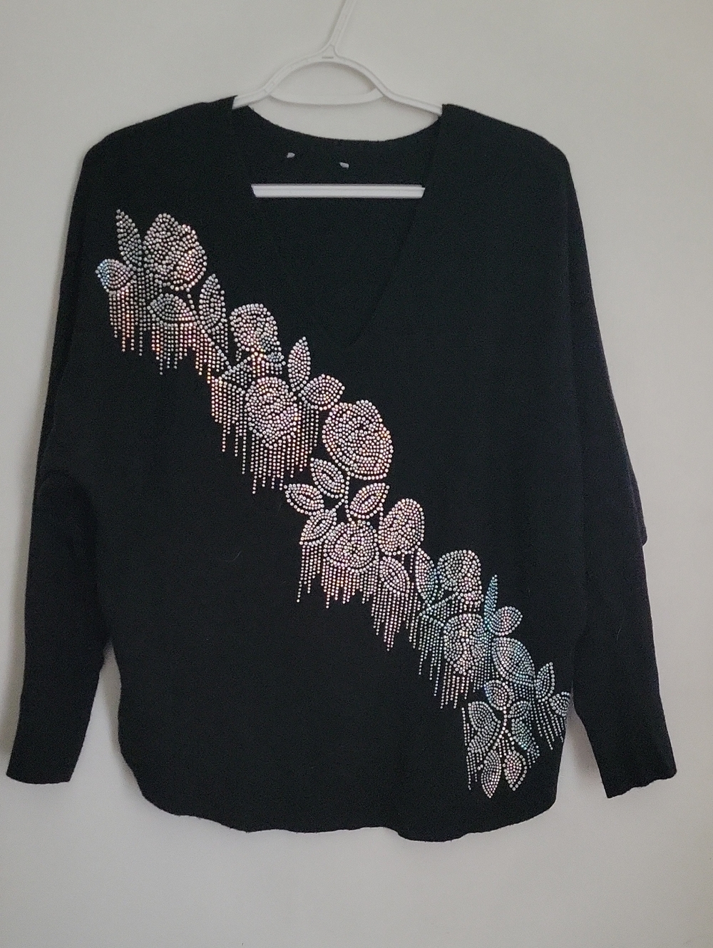 Black Women's V-Neck Sweater with Iridescent Floral Rhinestone Detail
